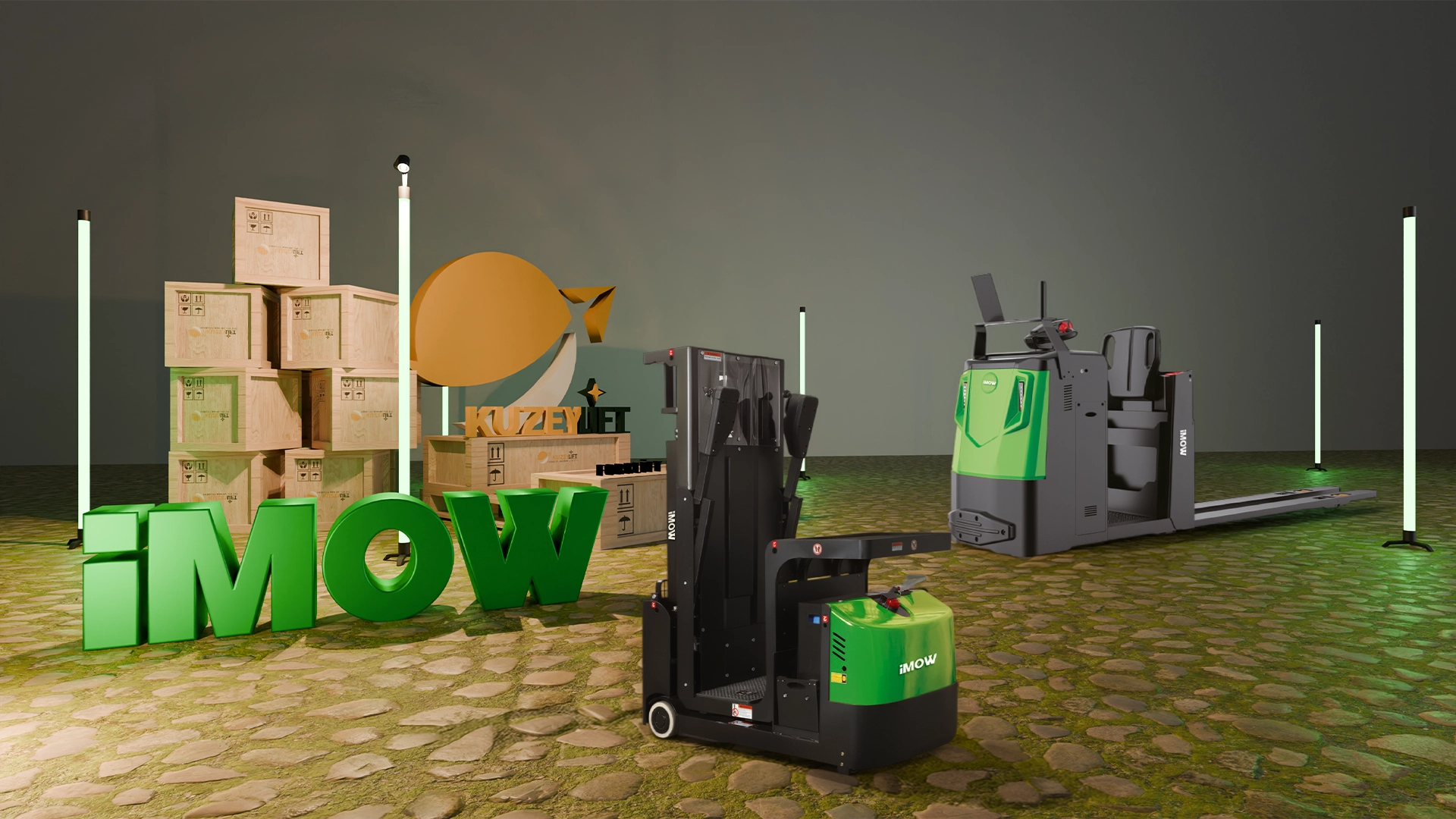 İMOW lityum-iyon sipariş toplayıcı modellerinin depo rafları arasında hızlı ürün toplama operasyonlarını gösteren; İzmir satış, servis ve yedek parça desteğini vurgulayan kategori slider görseli.