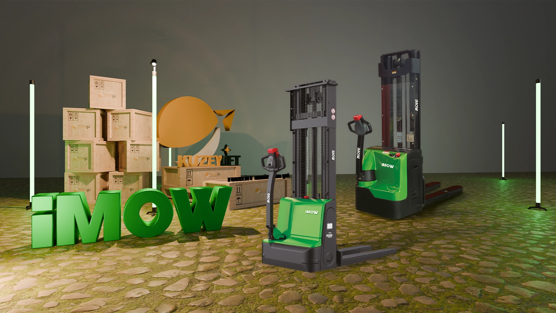 İMOW lityum-iyon istifleyici modellerinin depo rafları arasında güvenli yük kaldırma ve istifleme operasyonlarını gösteren; İzmir satış, servis ve yedek parça desteğini vurgulayan kategori slider görseli.