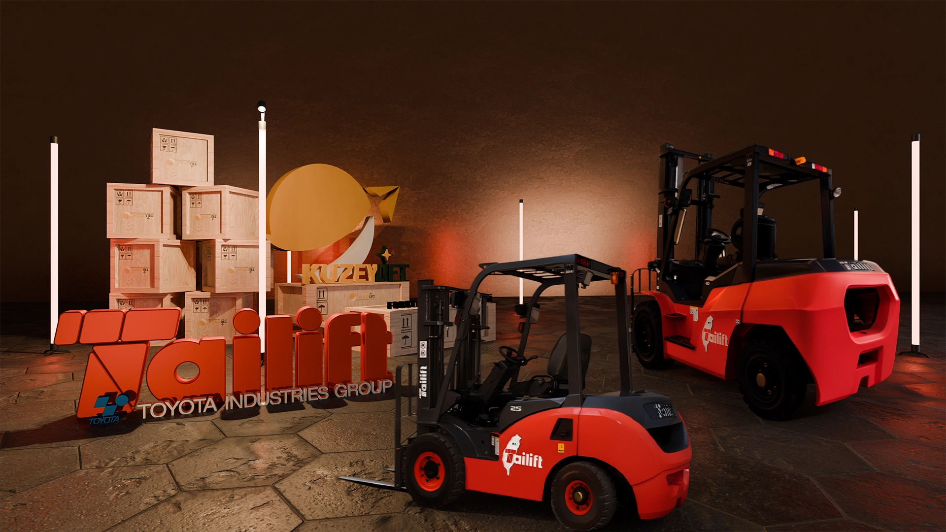KUBOTA motorlu Tailift dizel forkliftlerin ağır yük ve yoğun saha koşullarında yüksek performans sergilediği, satış, servis ve yedek parça desteğini vurgulayan kategori slider görseli.