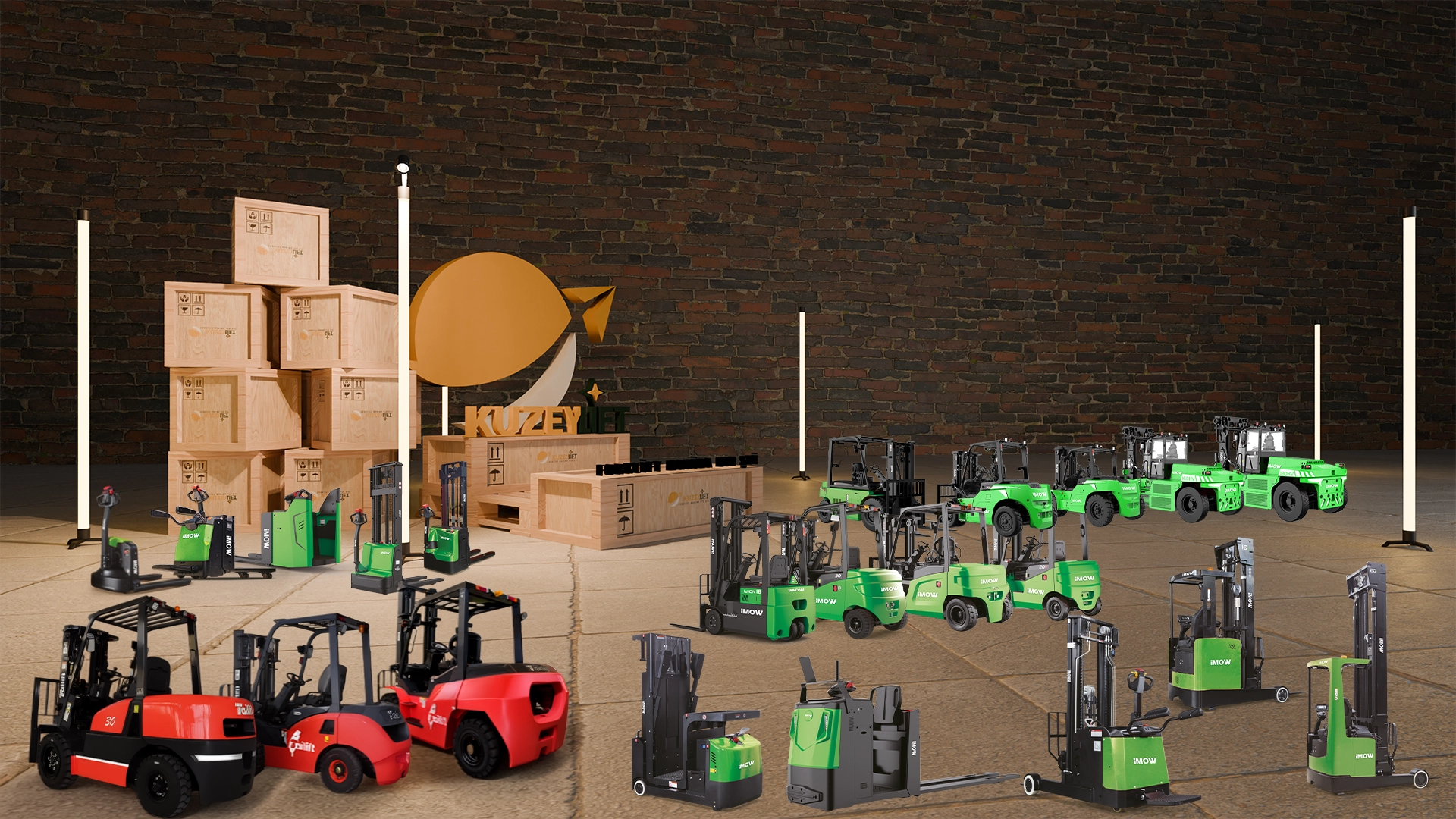 İMOW lityum-iyon depo ekipmanları ve Tailift dizel forkliftlerin birlikte sergilendiği, Kuzey Lift’in İzmir satış–servis–yedek parça çözümlerini vurgulayan ana banner görseli.