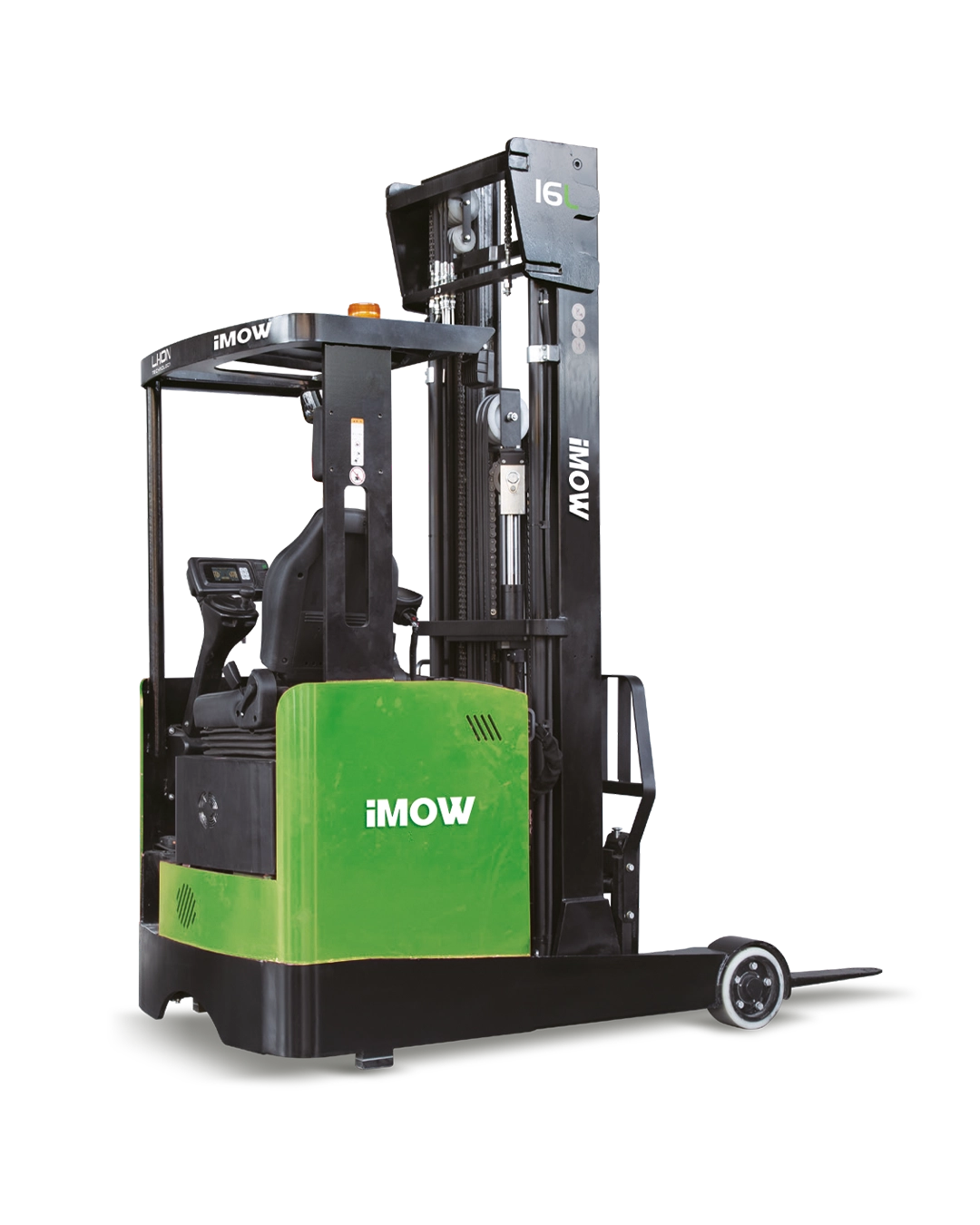 CQD16L lityum-iyon reach truck (seated); 1600 kg taşıma kapasitesi, 8000 mm kaldırma yüksekliği, 590 mm reach (ileri uzanma) mesafesi, 1720 mm dönüş yarıçapı, poliüretan tekerlekler, elektromanyetik fren, AC sürüş kontrol ve elektronik direksiyon sistemi ile Kuzey Lift Forklift (İzmir) satış ve servis desteğiyle raflı depo ve dar koridor operasyonları için yüksek performanslı bir çözümdür.