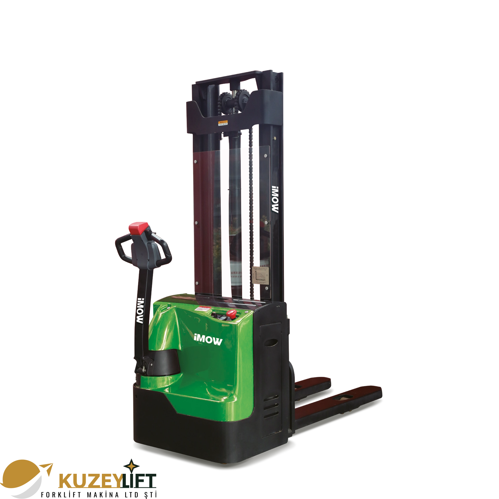 ES16-16WA Elektrikli İstifleyici  Kuzey Lift Forklift 	•	Taşıma Kapasitesi: 1.600 kg (1,6 ton) 	•	Kaldırma Yüksekliği: 3.000 mm 	•	Kullanım Tipi: Yaya kumandalı (Pedestrian) 	•	Akü: 24V / 230Ah Lityum-iyon 	•	Toplam Ağırlık: 1.070 kg 	•	Dönüş Yarıçapı: 1.589 mm  Öne Çıkan Avantajlar: Yüksek kaldırma kapasitesi · Lityum-iyon batarya · Güvenli elektromanyetik fren · Sessiz çalışma · Dar alanlara uyum