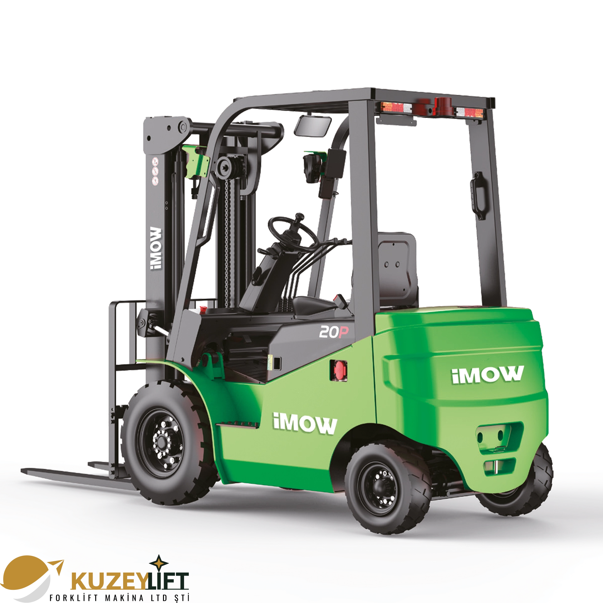 ICE203P Lityum-İyon Forklift  Kuzey Lift Forklift – İzmir 	•	Taşıma Kapasitesi: 2 ton (2000 kg) 	•	Kaldırma Yüksekliği: 3 m 	•	Akü: 80V / 230Ah Lityum-İyon 	•	Tahrik Sistemi: Elektrikli (AC) 	•	Kullanım Tipi: Oturarak (Seated) 	•	Seyir Hızı: 19 / 20 km/h 	•	Dönüş Yarıçapı: 2110 mm  Avantajlar: Hızlı şarj, düşük bakım maliyeti, yüksek manevra kabiliyeti, sessiz ve çevreci çalışma.