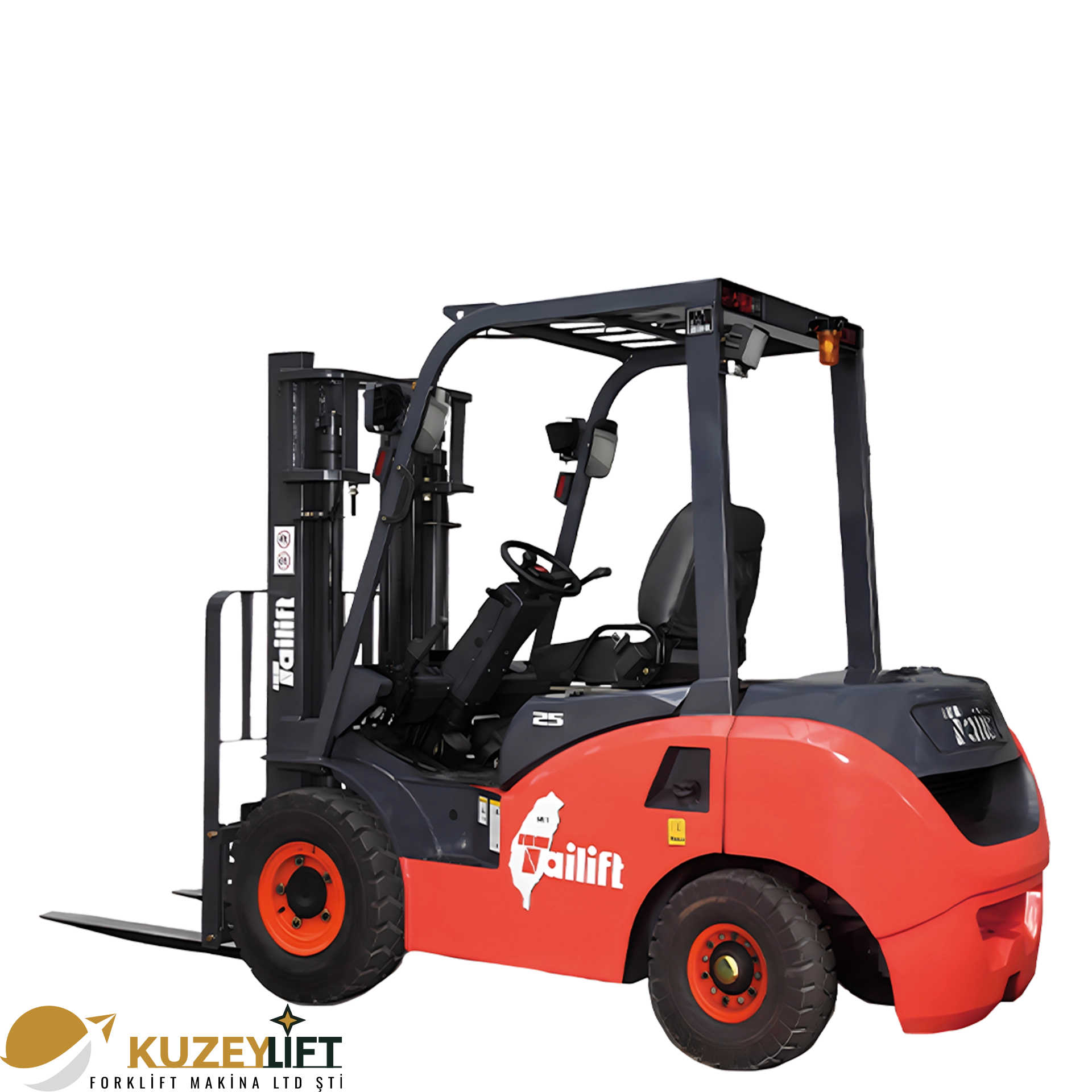 İzmir’de Kuzey Lift Forklit kalitesiyle sunulan Tailift PFD30, 3 ton yük kaldırma kapasitesi ve 4,5 metre kaldırma yüksekliği (asansör) ile lojistik, üretim ve depo operasyonlarında yüksek verim sağlar. KUBOTA 2403-CR dizel motoru (59 kW / 2400 rpm, 4 silindir, 2434 cm³) güçlü çekiş sunarken, lityum-iyon akü destekli elektrik sistemi sayesinde daha uzun servis ömrü ve güvenilir çalışma elde edilir. Kompakt yapısı ve dengeli şasi tasarımı ile zorlu çalışma koşullarında maksimum performans sağlar.